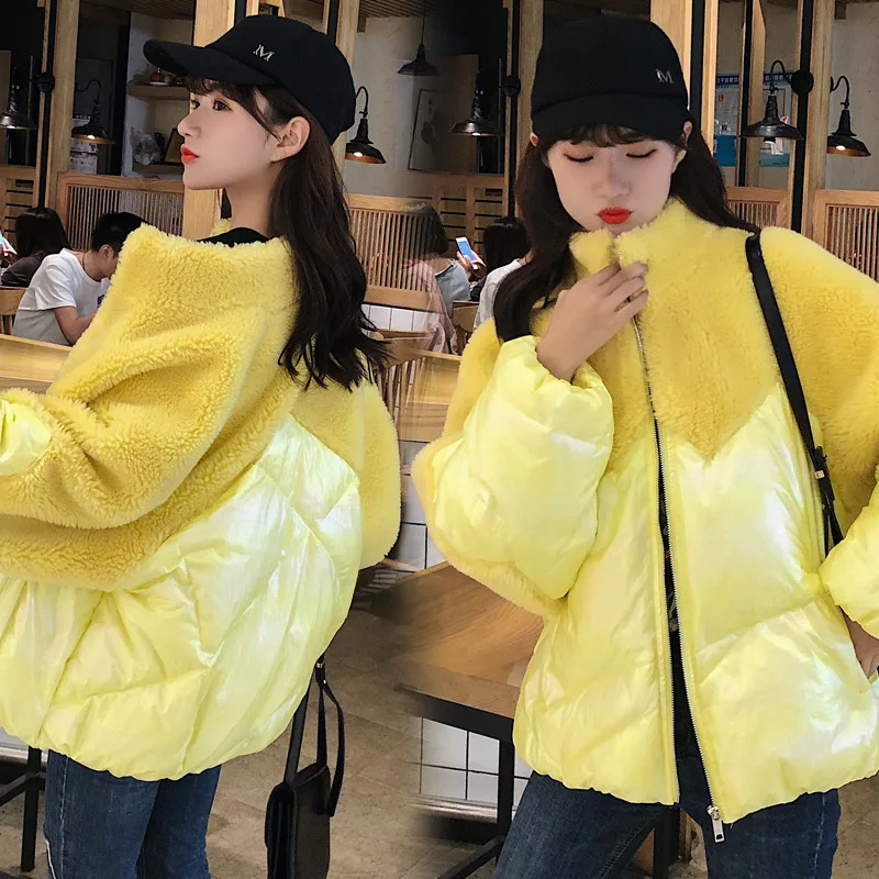 

Lambs Wool Short Joint Large Size down Jacket Fur 2019 Winter Korean-style Large Size Candy's Glitter Cotton Coat