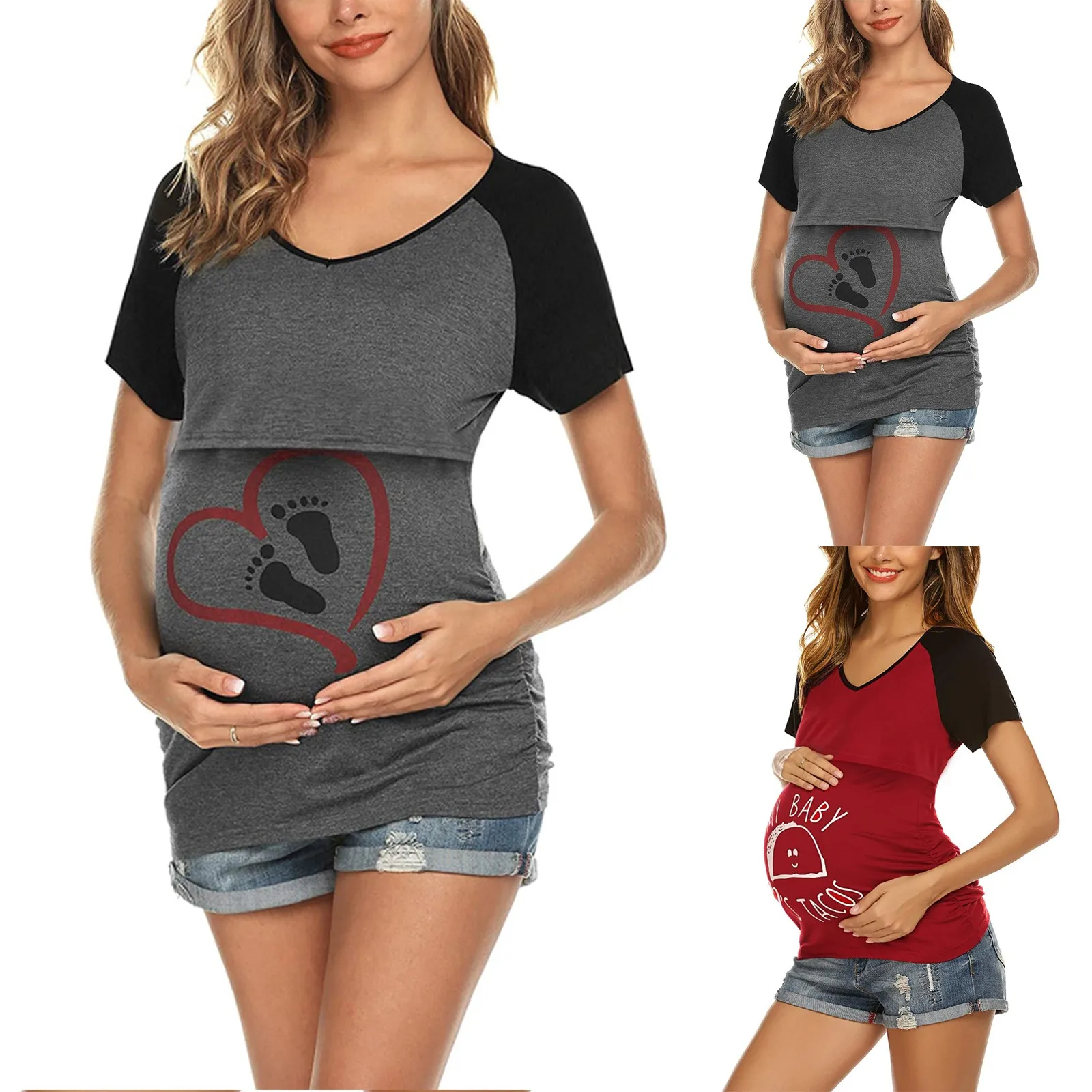 

2022 New Summer Women Maternity Tops Shirt Funny Print Side Ruched Pregnancy Nursing Short Sleeve T-shirts Pregnancy Clothing