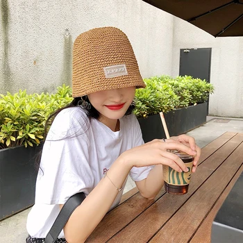 

Foldable woven labeling bucket hat female summer vacation beach hat small fresh sun hat