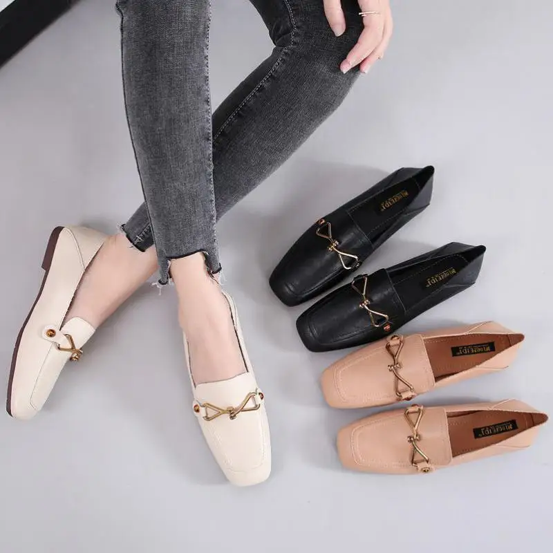 

Women Flat Loafers Shoes Ballerina Shallow Single Slip On Moccasins Square Toe Metal Buckle Lady Footwear Office Leather Shoes