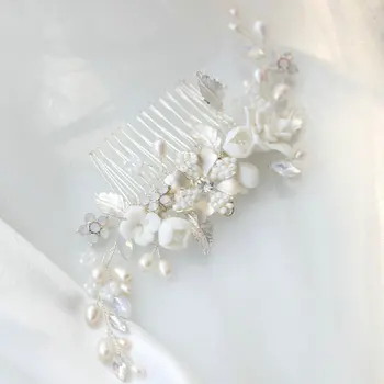 

Luxurious Opal Crystal Hair Comb Hand Made Ceramic Flowers Bridal Comb Wedding Hair Accessories