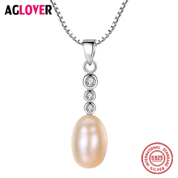 

AGLOVER New 925 Solid Silver Box Chain Pearl Necklace Pendant 7-8MM Pearl Natural Freshwater Pearl Jewelry Link Women Party Gift