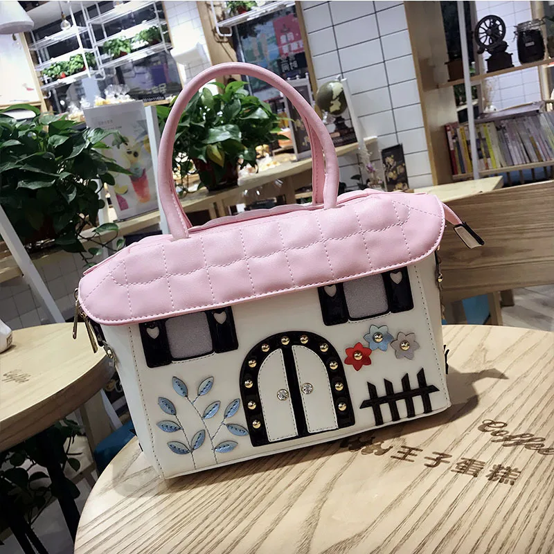 

Creative Women's Bag New Korean Version of The Small House Embroidered Bag Rivet Pu Single Shoulder Diagonal Handbag Hot Sale