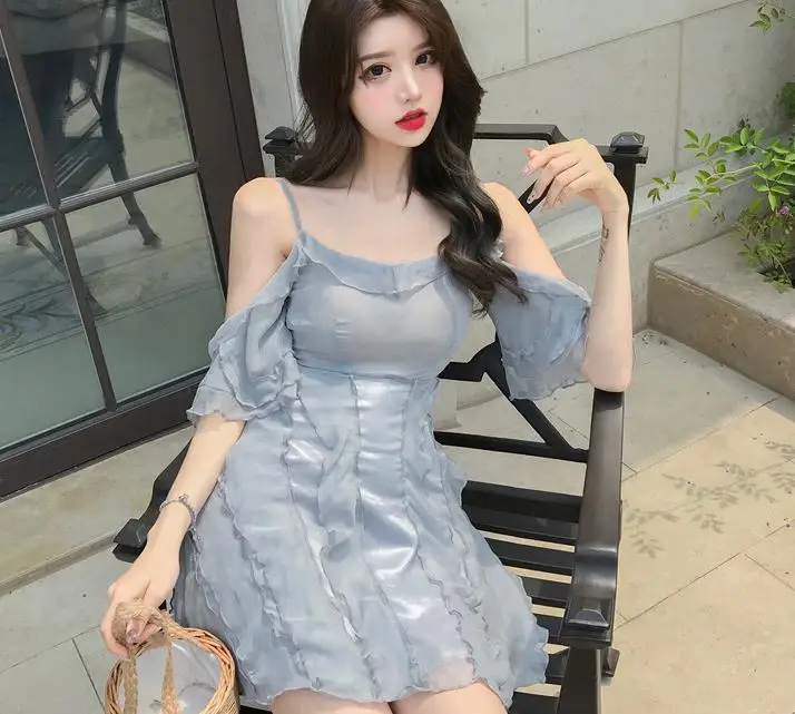 

2019 Summer boho off shoulder dress women buttions ruffle sexy vintage Gray beach dress elegant korean mini short dress