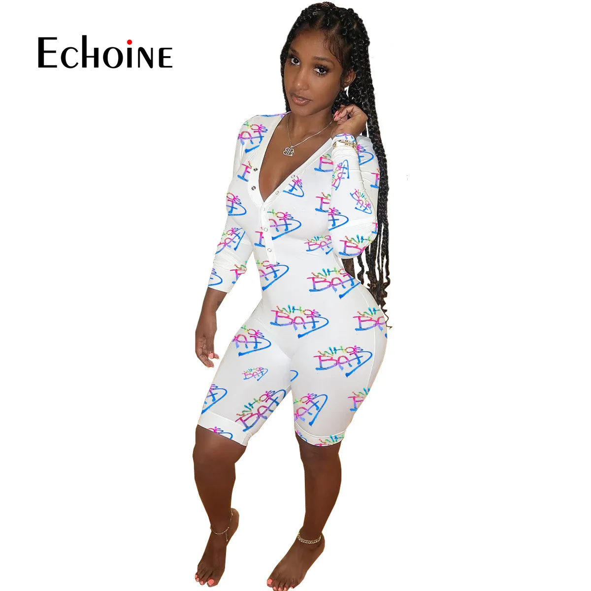 Echoine Women Sexy fine Print adult Onesies Jumpsuit Pajamas long Sleeve Shorts V Neck Bodycon Bodysuit Rompers Pants Home Wear 5
