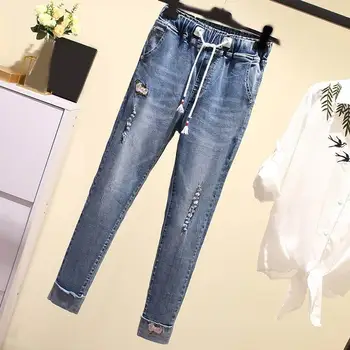 

Plus Size Woman Flower Embroidered Jeans Lace Up Jeans Elastic Denim Trousers Cuffs Loose Ankle-Length Hole Harem Pants