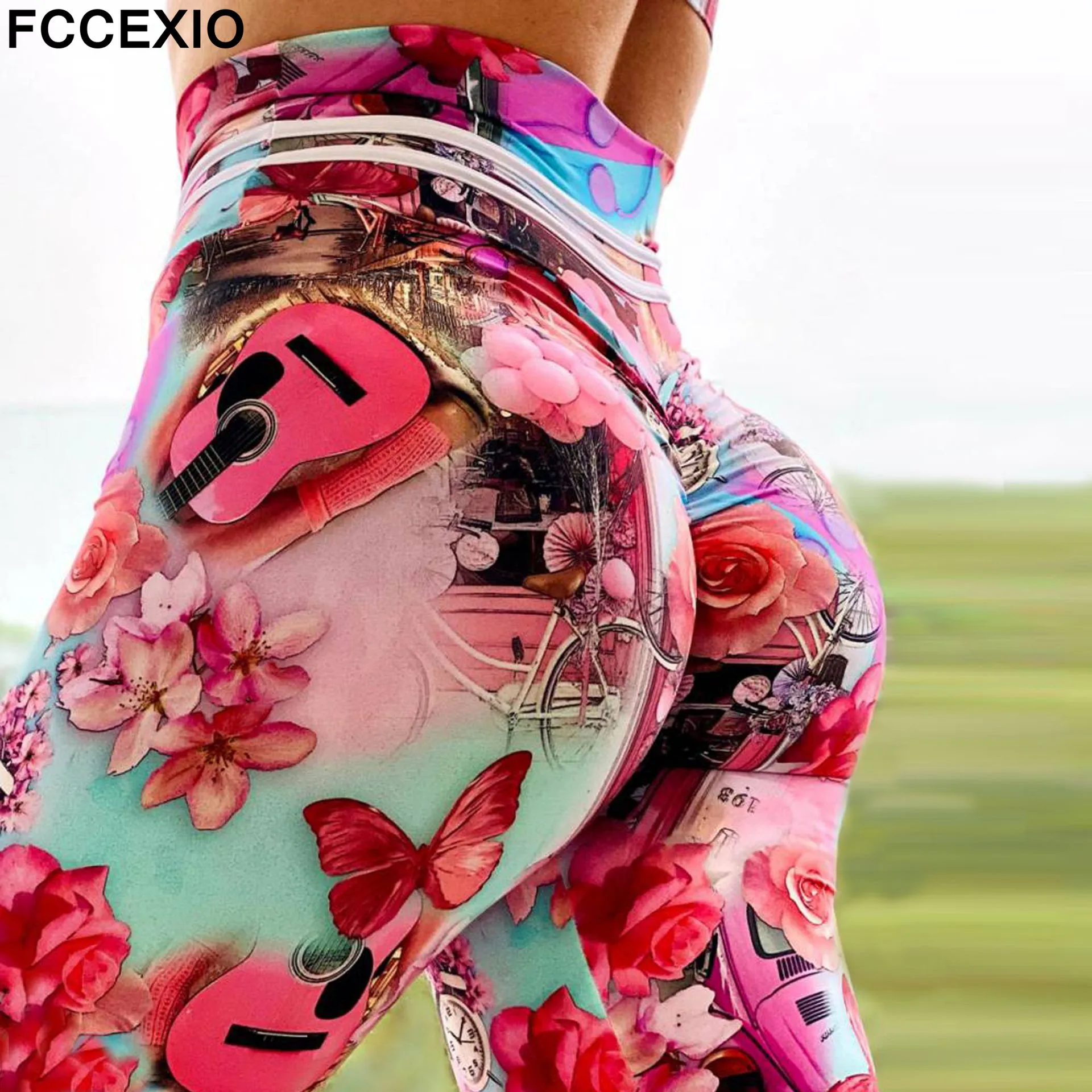 FCCEXIO 3D Print Women Leggings Pink Guitar Clock Tight Fitness Legins High Waist Long Pants Fashion Sexy Sporting Leggins lululemon align leggings