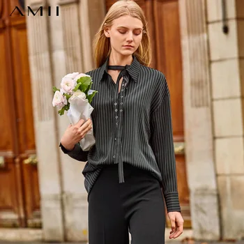 

Amii Minimalist Striped Long Shirt Autumn Women Adjustable Turn Down Collar or Strap Streamer Female Blouse Tops 11940094