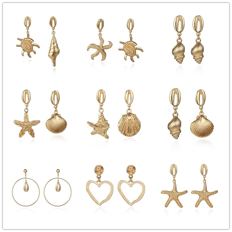 

Hot Sale Cowrie Starfish Shell Earrings Unique Design Big Geometric Drop Earring For Women Summer Ocean Beach Jewelry Boho Style