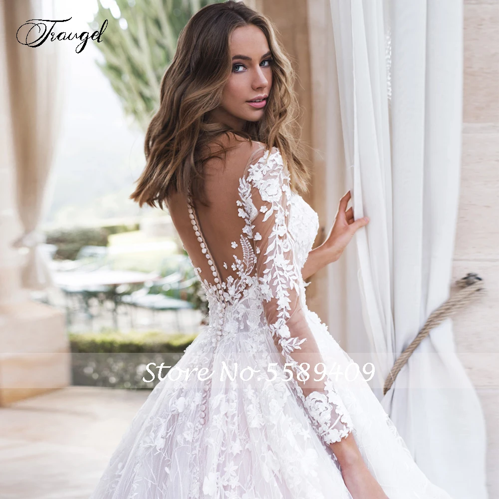 Customized Scoop A Line Lace Wedding Dresses Elegant Applique Long Sleeve Bride Dress Cathedral Train Bridal Gown Plus Size 4