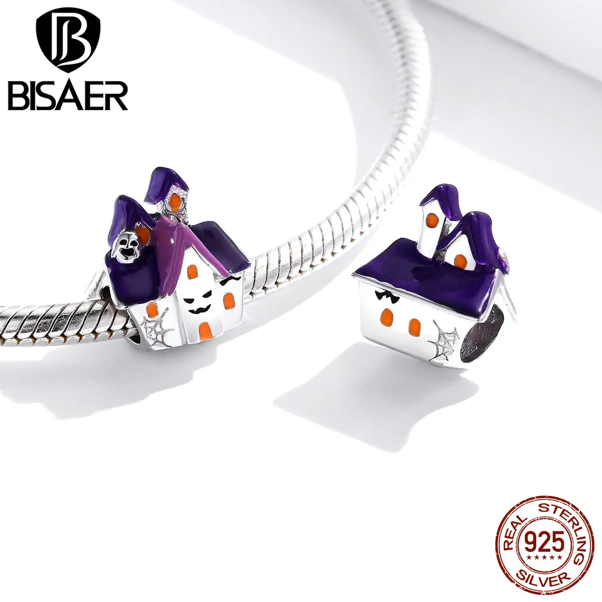 

BISAER 925 Sterling Silver Haunted House Charms Happy Halloween Beads fit Bracelet Silver 925 Jewelry Making HVC324
