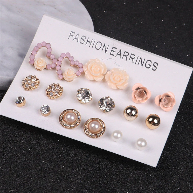

9 Pairs/Sete Crystal Pearl Flower Ear Studs Earrings Elegant Jewelry For Women
