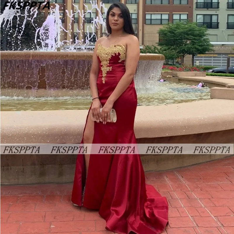 

Burgundy 2021 Mermaid Prom Dress Corset High Slit God Lace Satin Plus Size Long Formal Party Gowns Prom Robe De Soiree