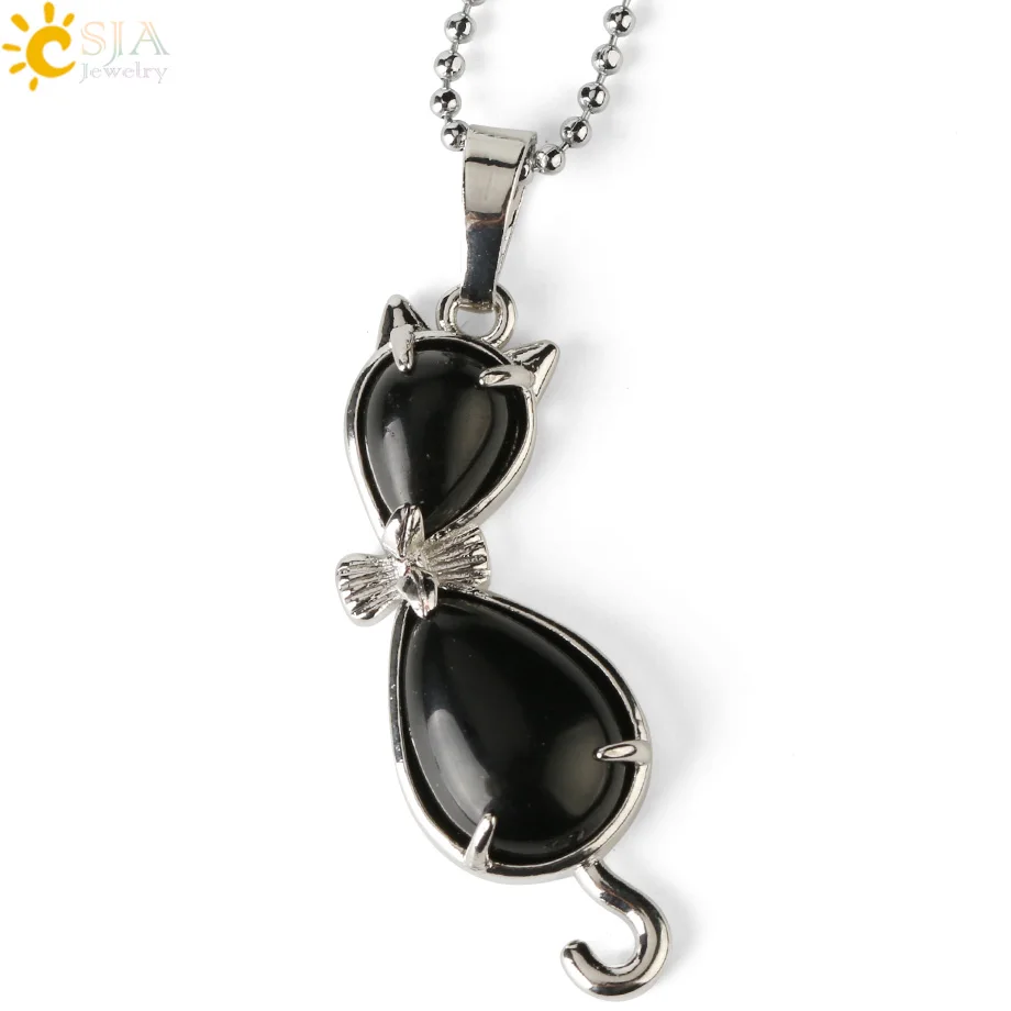 Black Onyx Chain CSJA натуральный камень кошка животное кулон в форме капли воды Исцеление розовый с кварцевым тигровым глазом фиолетовый кристалл прекрасные ожерелья для женщин девочек G305 - Окраска металла: Black Onyx Chain