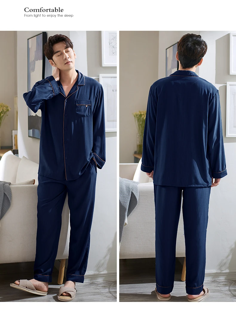 Men Woven Cotton Nightwear Suit Autumn Solid Color Long Sleeve Pajamas Casual Cardigan Homewear Plus Size M-3XL Pijama Hombre buffalo plaid pajama pants