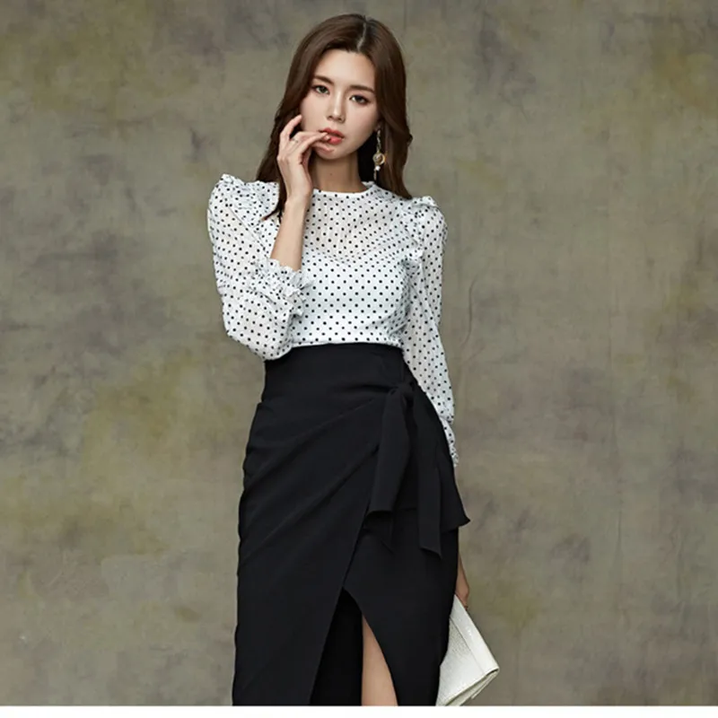 S-XL Plus Size Korean Fashion Streetwear Two Piece Set for Women Print Polka Dot Blouse and Ruffle Slim Wrap Skirt Ladies Suit