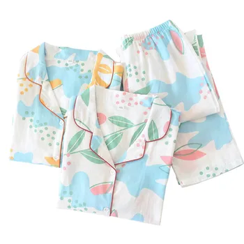 

2020 Spring New Women Fresh Style Pajamas Set Ladies Turn-down Collar Gauze Cotton Sleepwear Comfort Loose Thin Homewear