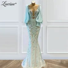 

Lowime Mint Green Muslim Evening Dresses Long Sleeves Applique Beaded Arabic Women Formal Gowns Dubai Plus Size Party Dresses