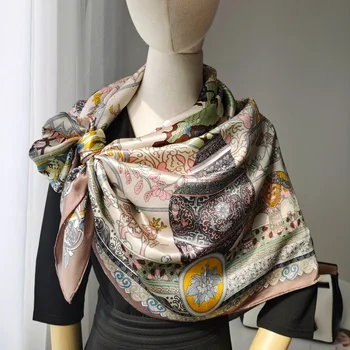 

Women's 100% Pure Silk 12mm Satin Printed Big Square Scarf Wrap Kerchief 108cm 42.5" WD002-2