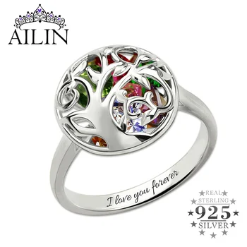 

AILIN 925 Sterling Silver Family Tree Cage Ring Women Custom 1-8 Birthstone Engraving Ring Personalized Jewelry For Mother Gifts