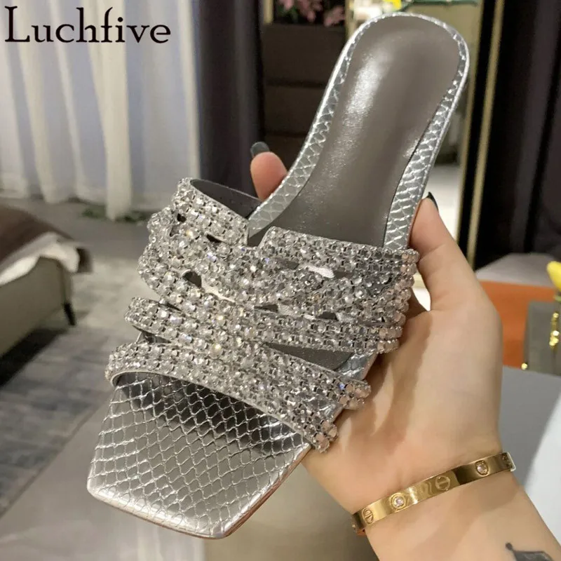

Silver Crystals Slippers Women Open Toe Mule Sandals Summer Flats Shoes Textured Rhinestones Ladies Shoes Woman
