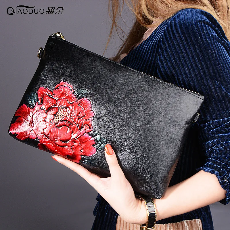 

New Style Full-grain Leather Clutch Bag Women's Chinese-style Leather Handbag Coloured Drawing Single-shoulder Crossbody Bag Sof