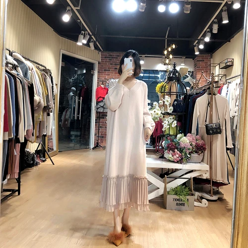 apricot DMY1257 XITAO лоскутное повседневное ДРАПИРОВАННОЕ трикотажное платье для женщин Зимняя мода стиль v-образный вырез воротник свободный длинный рукав DMY1257 - Цвет: apricot DMY1257