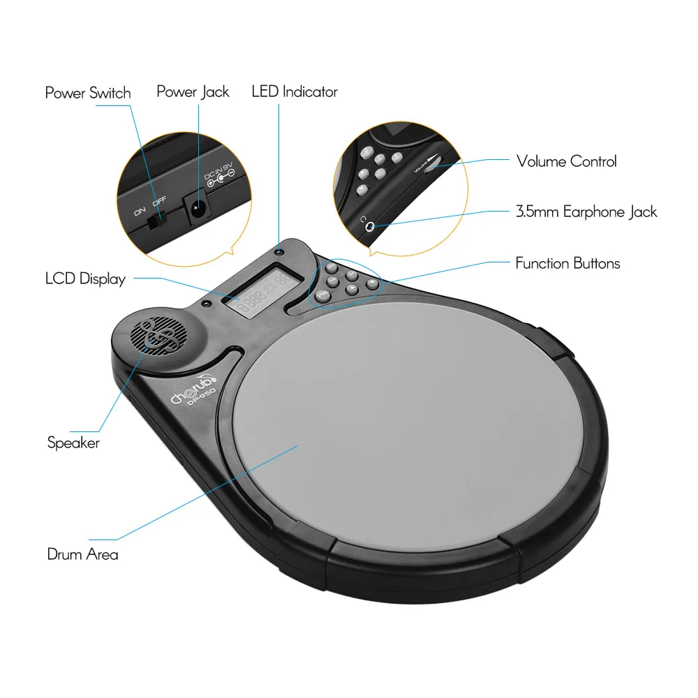 Cherub Mute Drum репетитор портативный цифровой барабан Тренировочный Коврик с 9 предустановленными стилями барабана 4 режима обучения метроном функция lcd