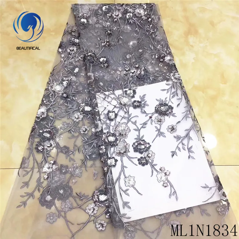 

Beautifical nigerian lace fabrics New arrival embroidery flowers lace fabric with sequins 5yards nigerian tulle lace ML1N1834