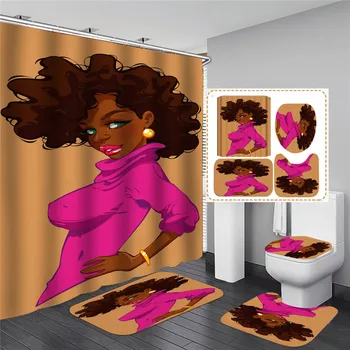

3D Printing African Woman Shower Curtain Set Afro American Lady Bathroom Decor with Non-slip Rug Toilet Lid Cover Bath Mat