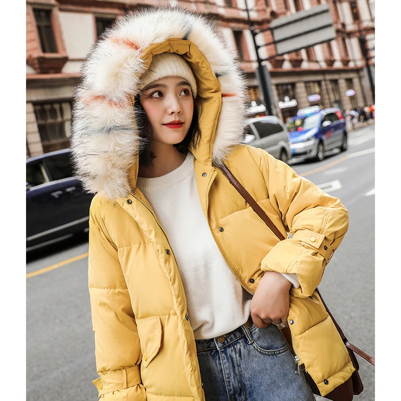 Женская зимняя куртка с капюшоном из лисьего меха и хлопка модная однотонная