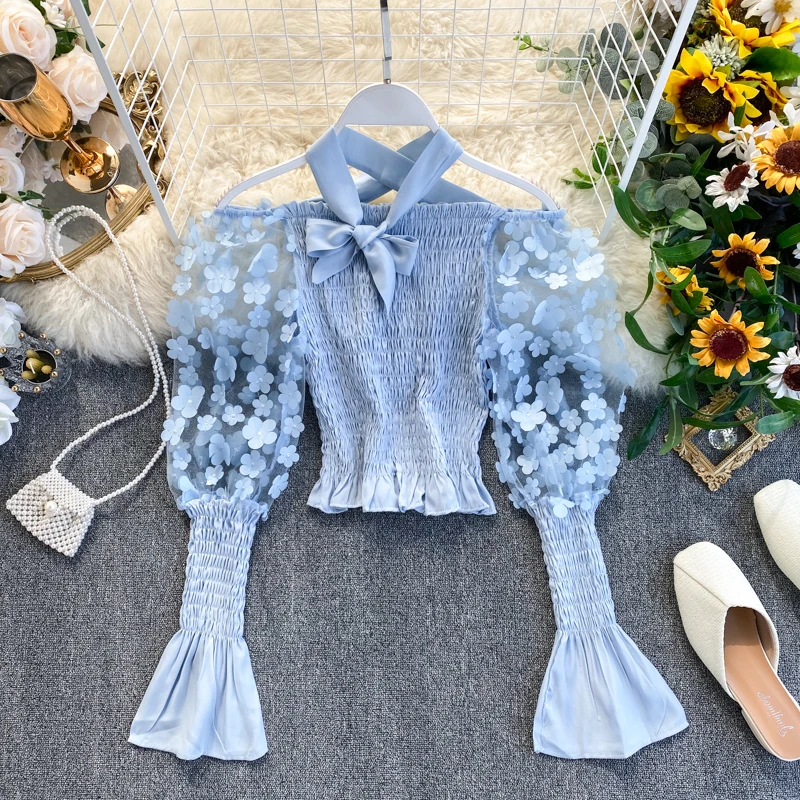 

Bow Tie Slash Neck Blouse Sexy Strapless Stretch Slim Short Blouses Women 3D Flowers Mesh Puff Long Sleeve Shirt Feminine 2020