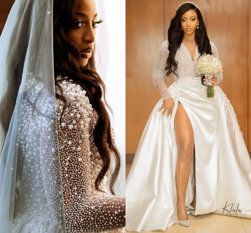 

2023 Plus Size Saudi Arabic Dubai Sparkly Luxurious Wedding Bridal Dresses Pearls Sheer V-Neck Bride Gown New Robe de Mariage