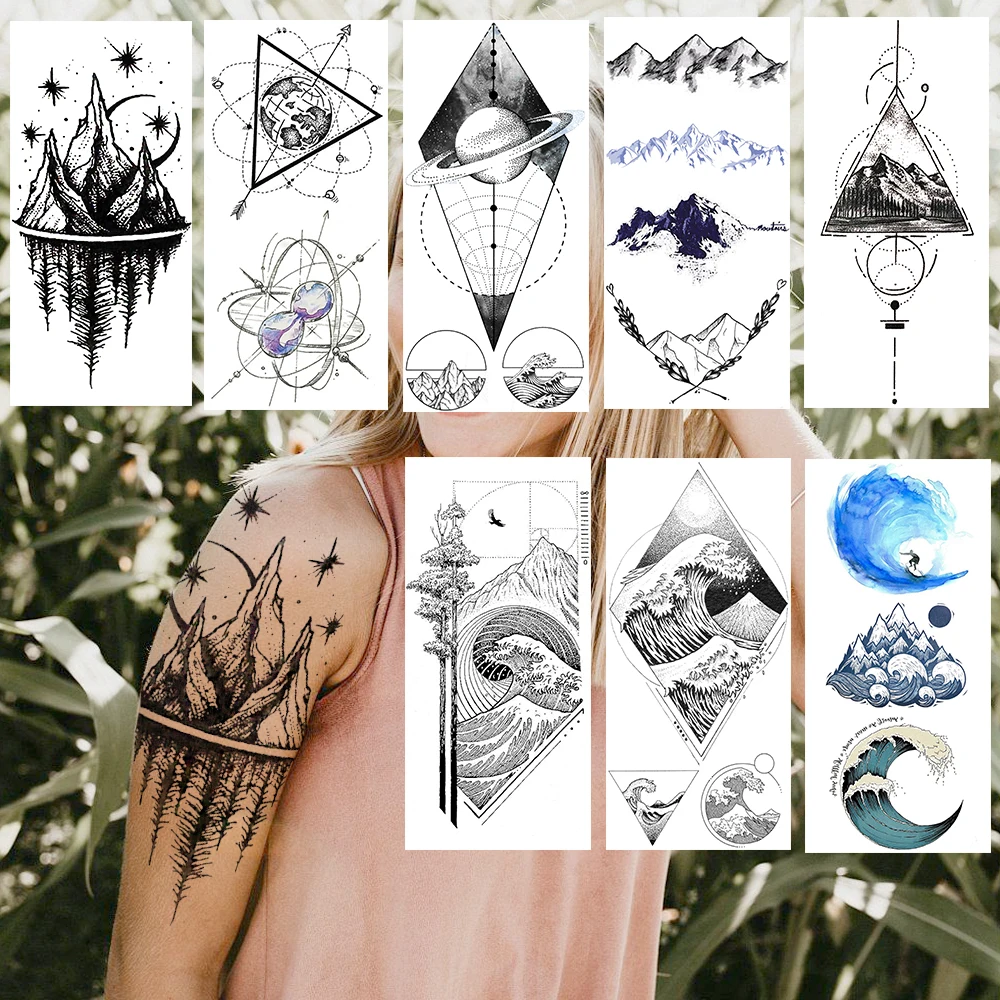 

Black Planets Mountain Temporary Tattoos Realistic Fake Waterproof Tattoos Sticker Geometric Wave Body Art Tatoos For Women Men