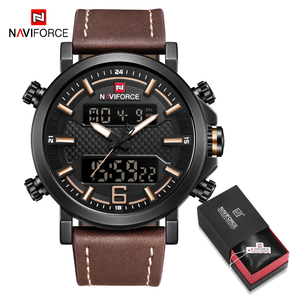 Brown Yellow in Box Люксовый бренд NAVIFORCE военные мужские s часы мужские Дата светодиодный аналоговые часы цифровые часы мужские кожаные водонепроницаемые кварцевые наручные часы - Цвет: Brown Yellow in Box