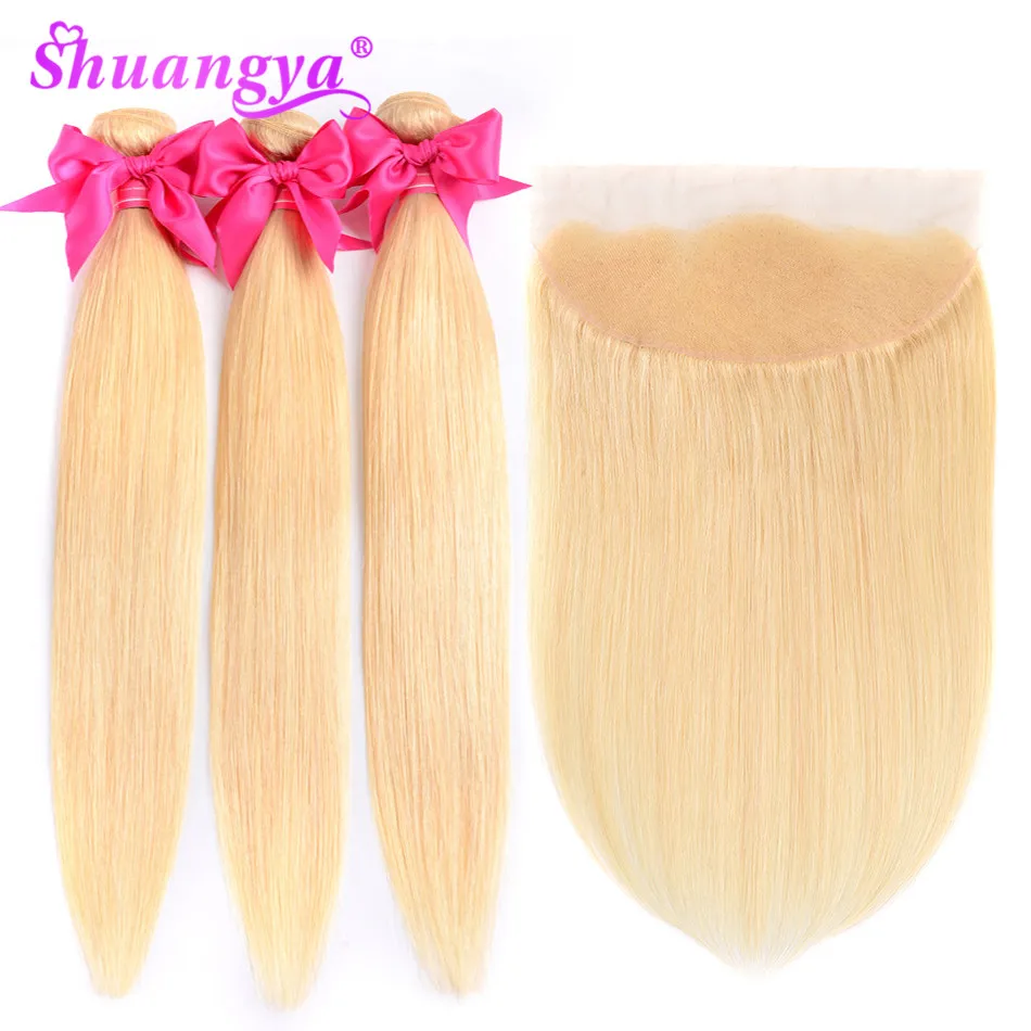 Shuangya волосы бразильские прямые пучки с фронтальной Remy связкой 613 волос для