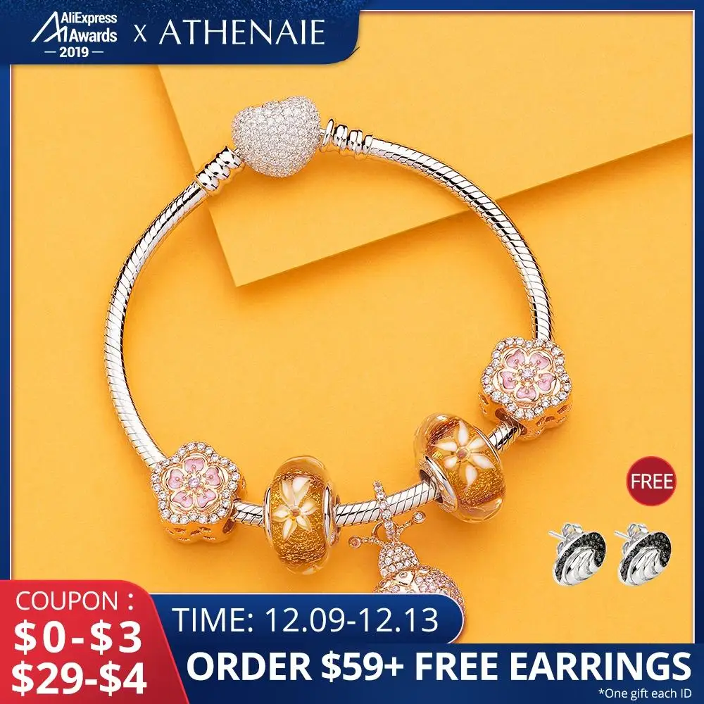 

ATHENAIE Authentic 925 Sterling Silver Gold Ladybug Charms Bracelet with CZ Flower Charm Beads for Women Jewerly Gift