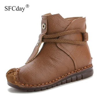 

NEW 2019 Women Genuine Leather Ankle Boots Flats Ladies Zip Plush Warm Winter Shoes Female Fashion Sewing Retro Short Boots