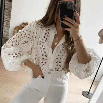 Boho Inspired white hollow out cotton womens tops long sleeve shirt women chic turn-down collar sexy blouses shrits for women