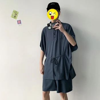 

Men 2 Pieces Sets Suits Shirt Shorts Summer Male Vintage Short Sleeve Loose Pullover Casual Japan Streetwear Shirt