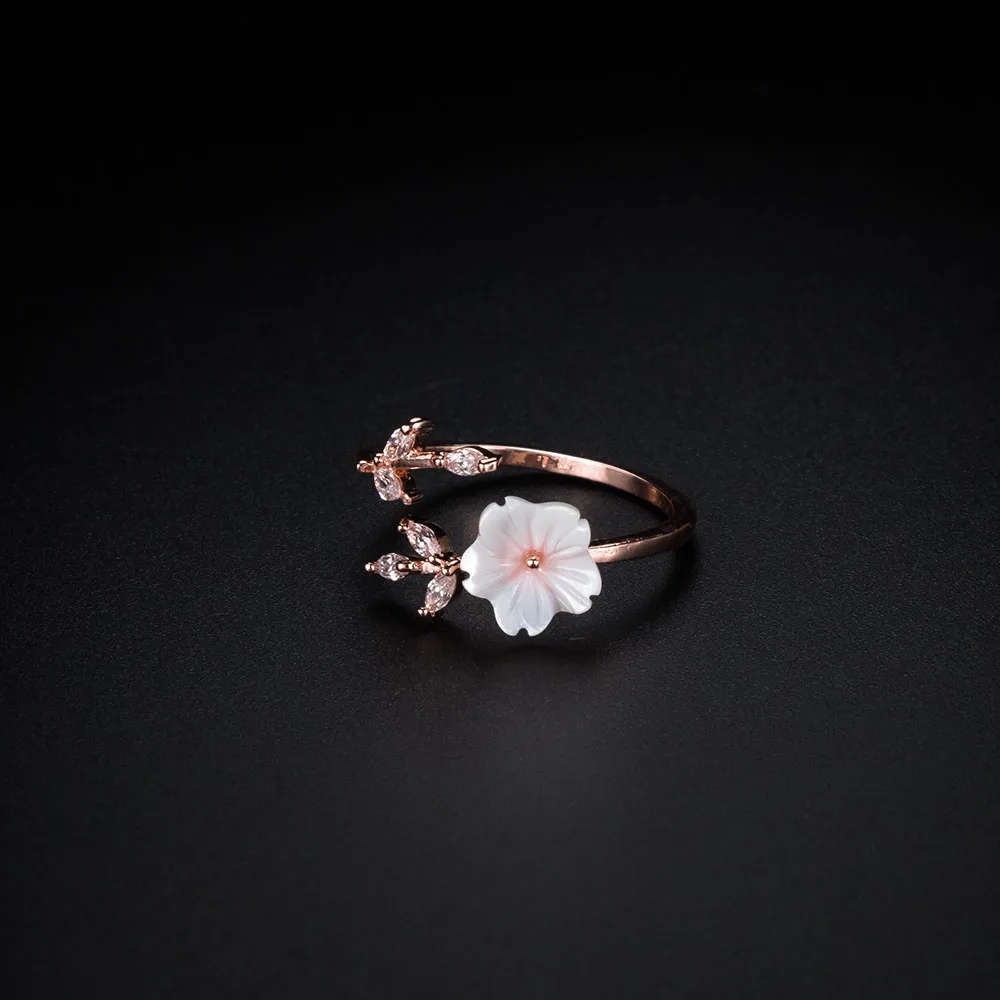 Изящное кольцо с цирконием и кристаллами в виде листьев для женщин и девочек, очаровательное розовое золото, ветви сакуры, ракушка с цветами, Открытое кольцо anillos mujer - Main Stone Color: White