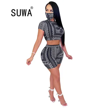

Print Club Sexy 2 Piece Outfits For Women With Mask Two Piece Pants Set Tracksuit 90s T shirt + Shorts 2020 Women's Sets Clothes