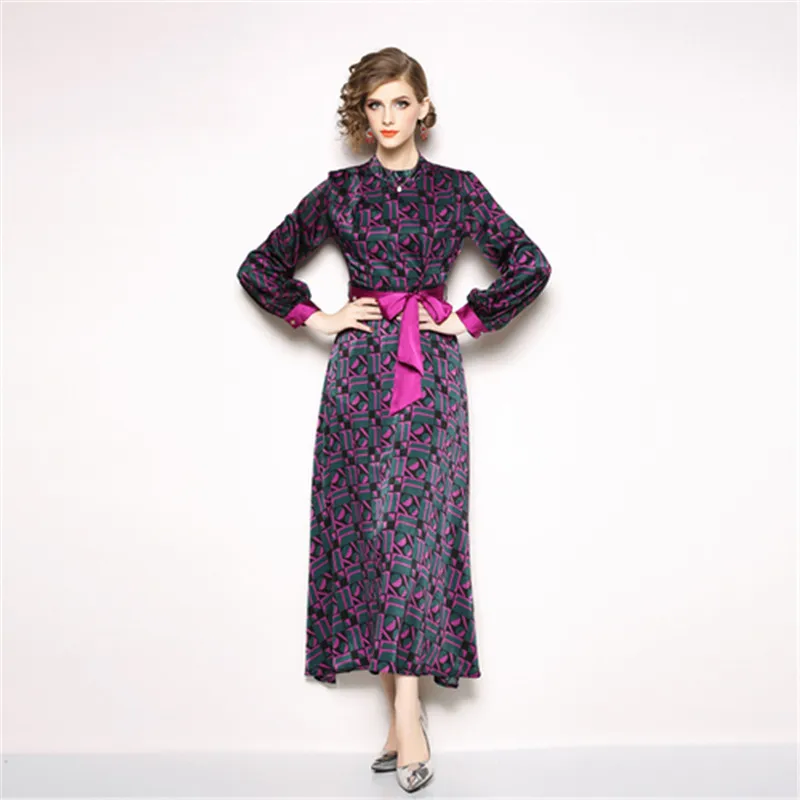 

2019 Autumn Women Runway Retro Geometry Printing Elegant Dress High Quality Women Stand Collar Long sleeves Belt Long Dress
