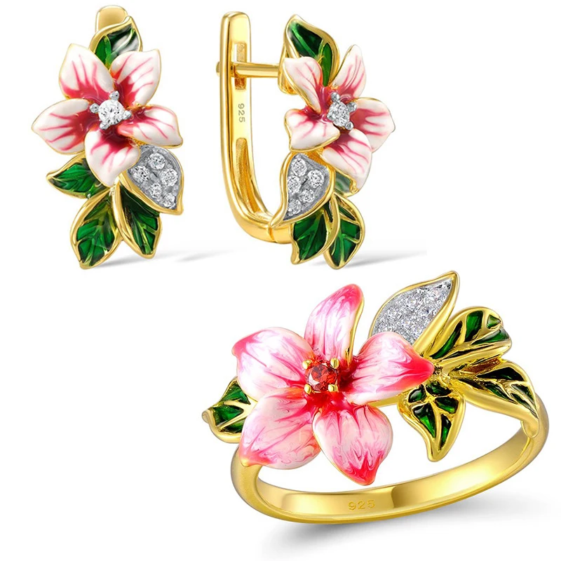 

925 Sterling Silver Earrings Ring Set For Women Engagement Jewelry New Enamel Red Flower Zircon Gold Ring Lady Party Accessories