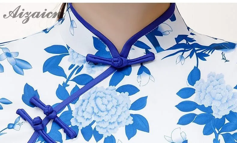 Весна синий белый Принт Cheongsam Современные длинные платья Chinoise Ретро аналогичный шелк Qi Pao женское традиционное китайское платье халат