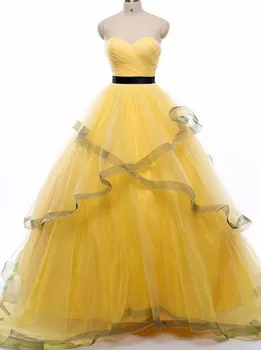 

Prom Dress Ball Gown Elegant Ruched Bodice with Black Belt Sweetheart Tulle Party Gown