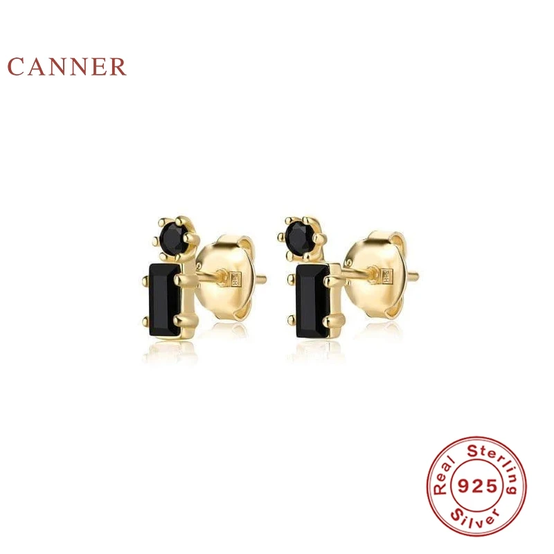 CANNER 925 Sterling Silver Earrings For Women Square Black White Diamond Stud Zircon Korean Pendientes Gold Jewelry | Украшения и