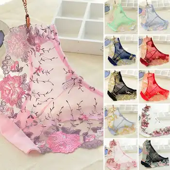 

Women Sexy Lace See-Through Briefs Intimates 2020 Fashion Flower Embroidered Pantie Home Mesh Sheer Transparent Underwear Femme