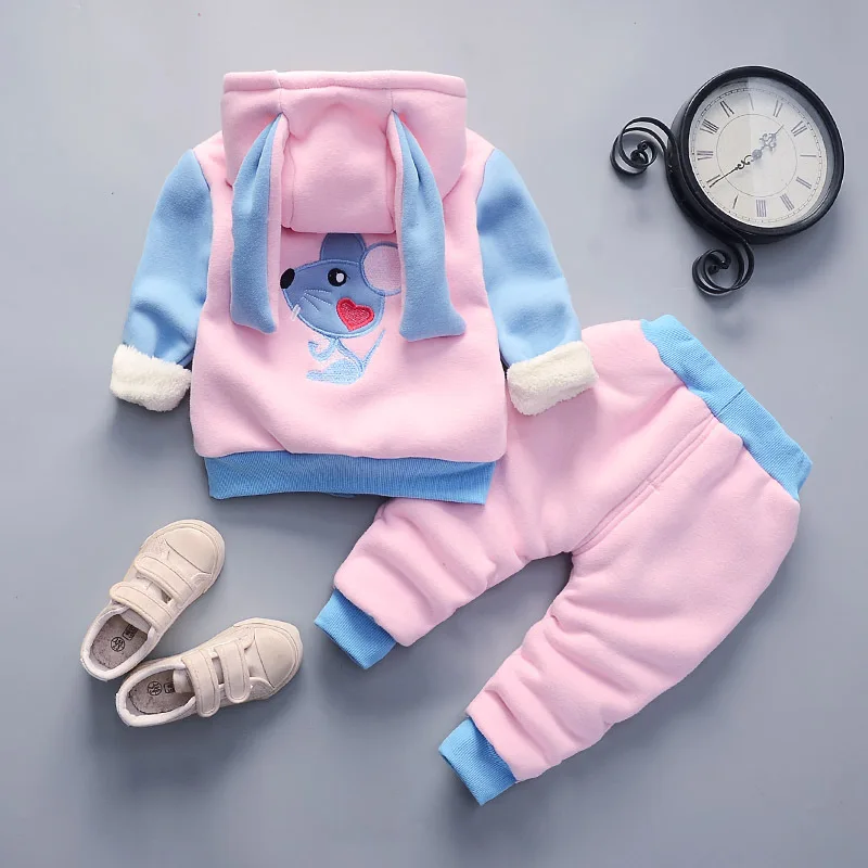 Warm Baby Girls Clothing Set Winter Thick Plush Cotton Clothing Sets For Baby Girls Hoodies And Pants Kids Suit Children Clothes