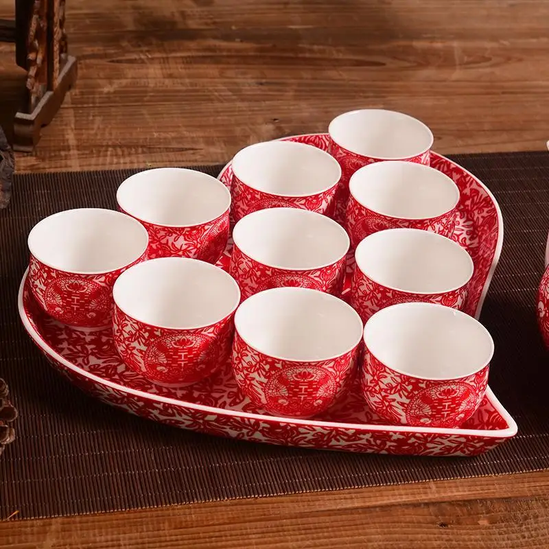 Высококачественный китайский свадебный подарок, свадебные принадлежности, красный керамический чайный чайник, двойной чайный горшок в форме сердца, набор подноса